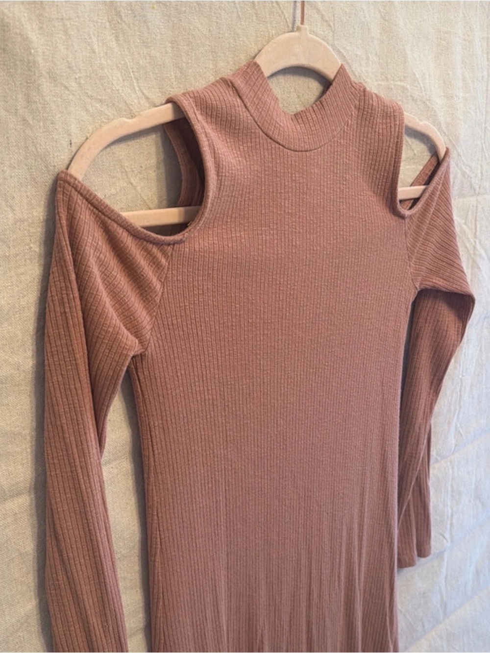 Ribbed Cold-Shoulder Long Sleeve Skater Dress - Dusty Rose